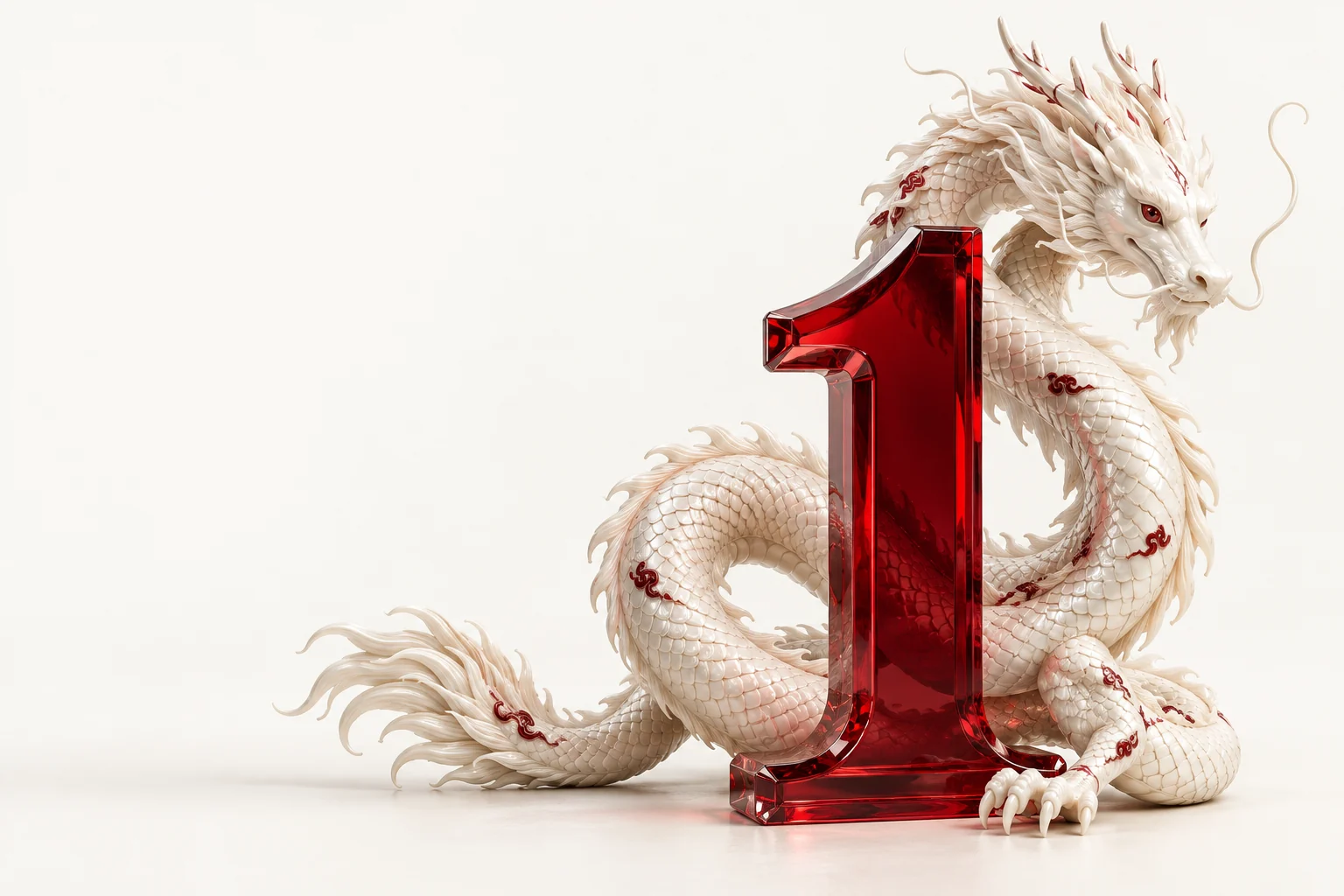An ivory porcelain dragon winds around a sculptural ruby-glass number one.